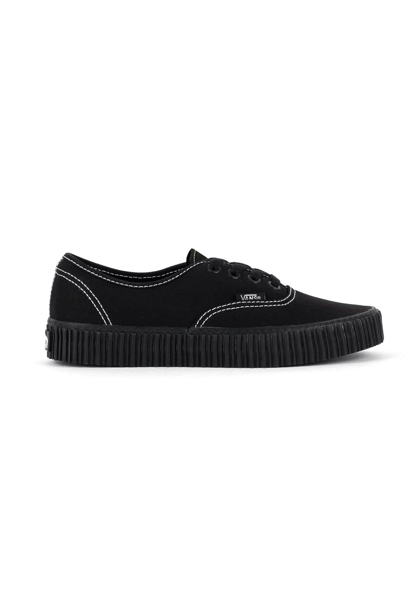 Side view of Vans VN000CR2BLK1 black canvas sneakers featuring round toe and rubber sole.