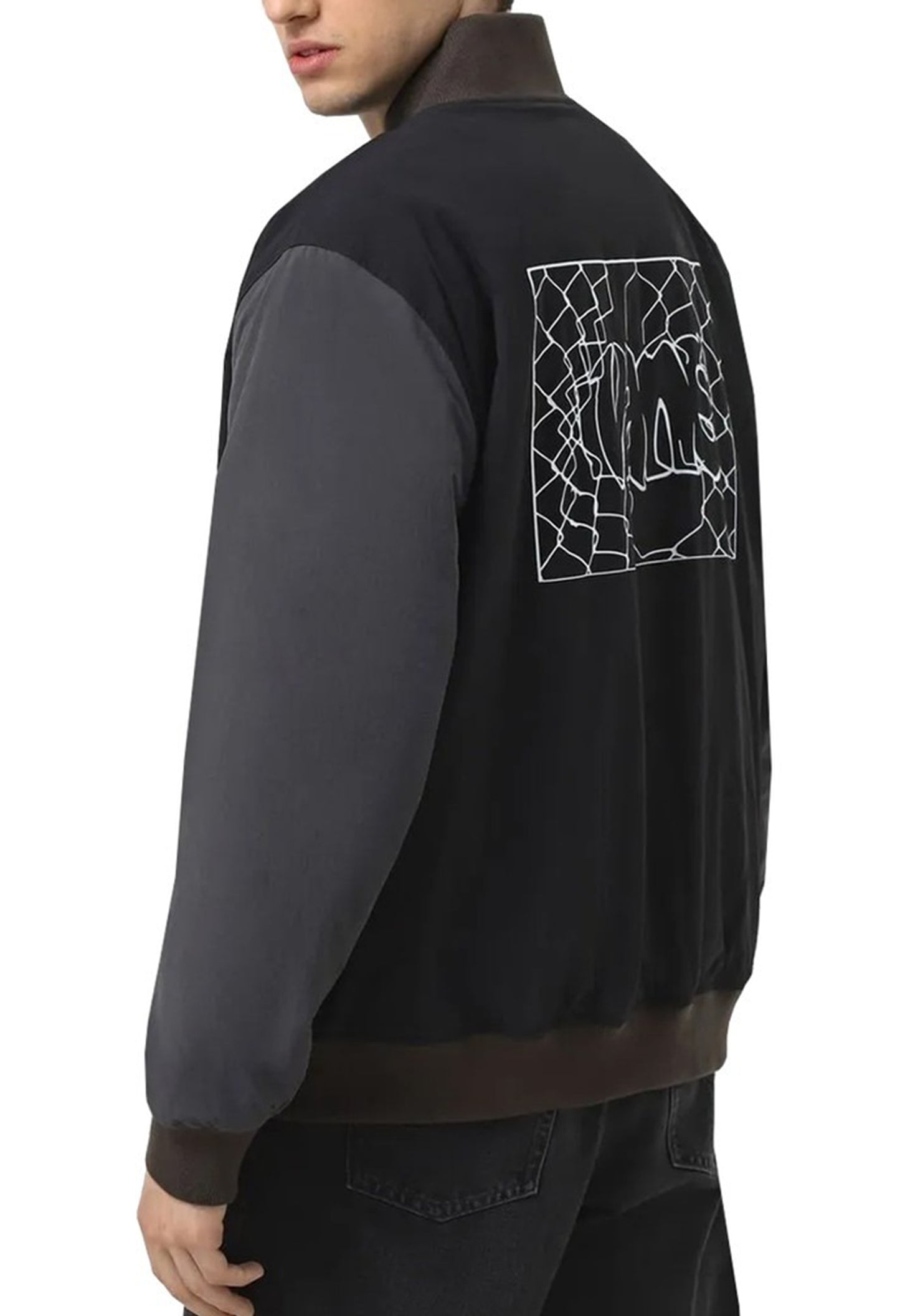 Back view of Vans VN000JY1KOU1 bomber jacket showing large white graphic print on upper back.