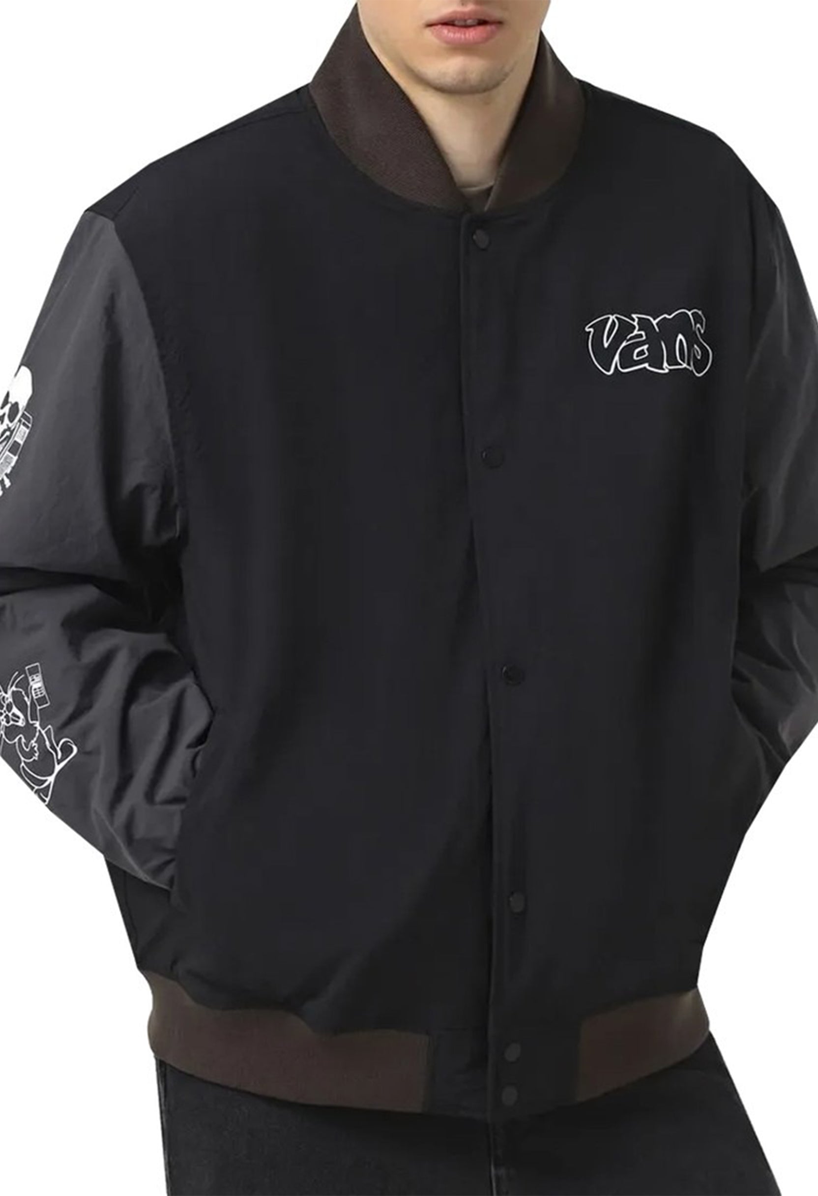 Front view of Vans VN000JY1KOU1 men’s bomber jacket featuring black body, grey sleeves, and full zip fastening.