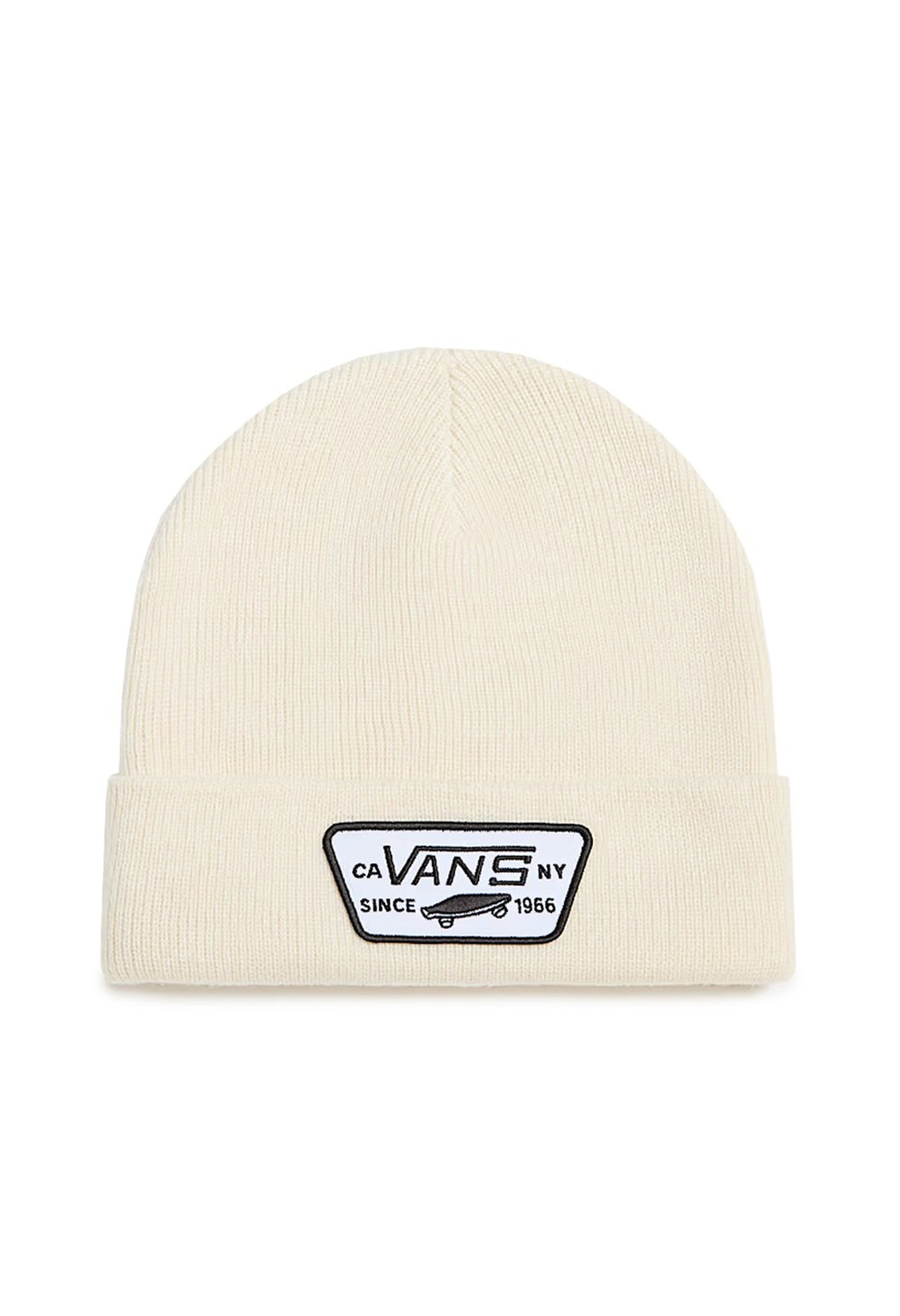 Front flat-lay of Vans VN000UOUDJR1 cream beanie hat featuring woven Vans NY logo patch.
