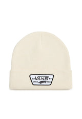 Front flat-lay of Vans VN000UOUDJR1 cream beanie hat featuring woven Vans NY logo patch.