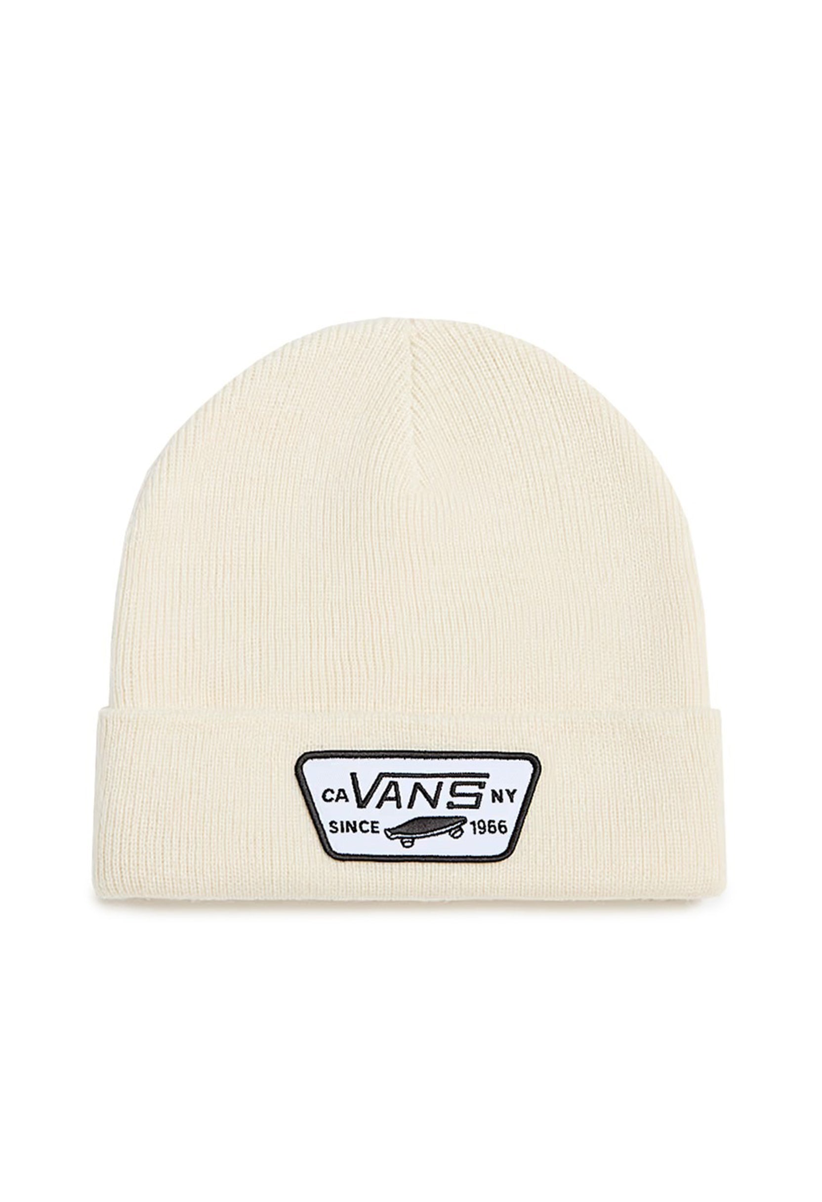 Front flat-lay of Vans VN000UOUDJR1 cream beanie hat featuring woven Vans NY logo patch.