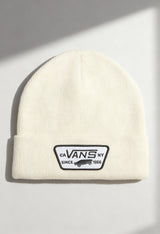 Vans VN000UOUDJR1 cream unisex beanie hat with fold-over cuff and Vans logo patch, shown in studio lighting.