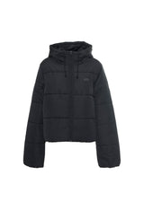 Flat-lay front view of Vans VN0A4B8MBLK1 black hooded puffer bomber jacket.