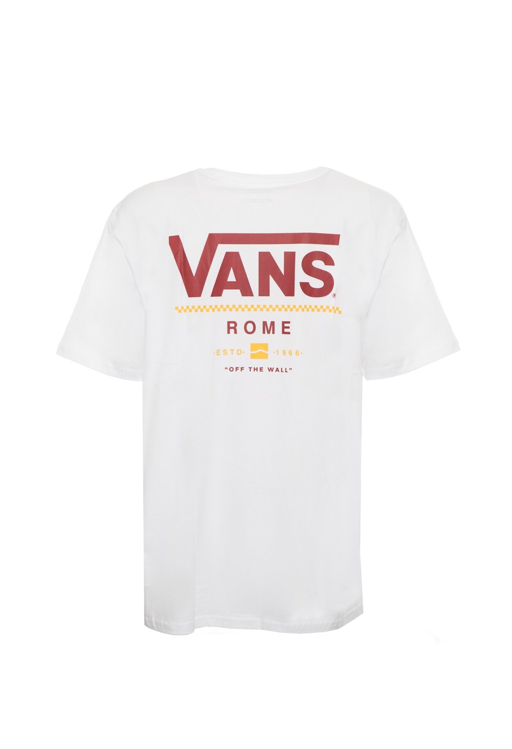 Back flat-lay of Vans VN0A4CYDWHT1 T-shirt showing large red and yellow Vans graphic print.