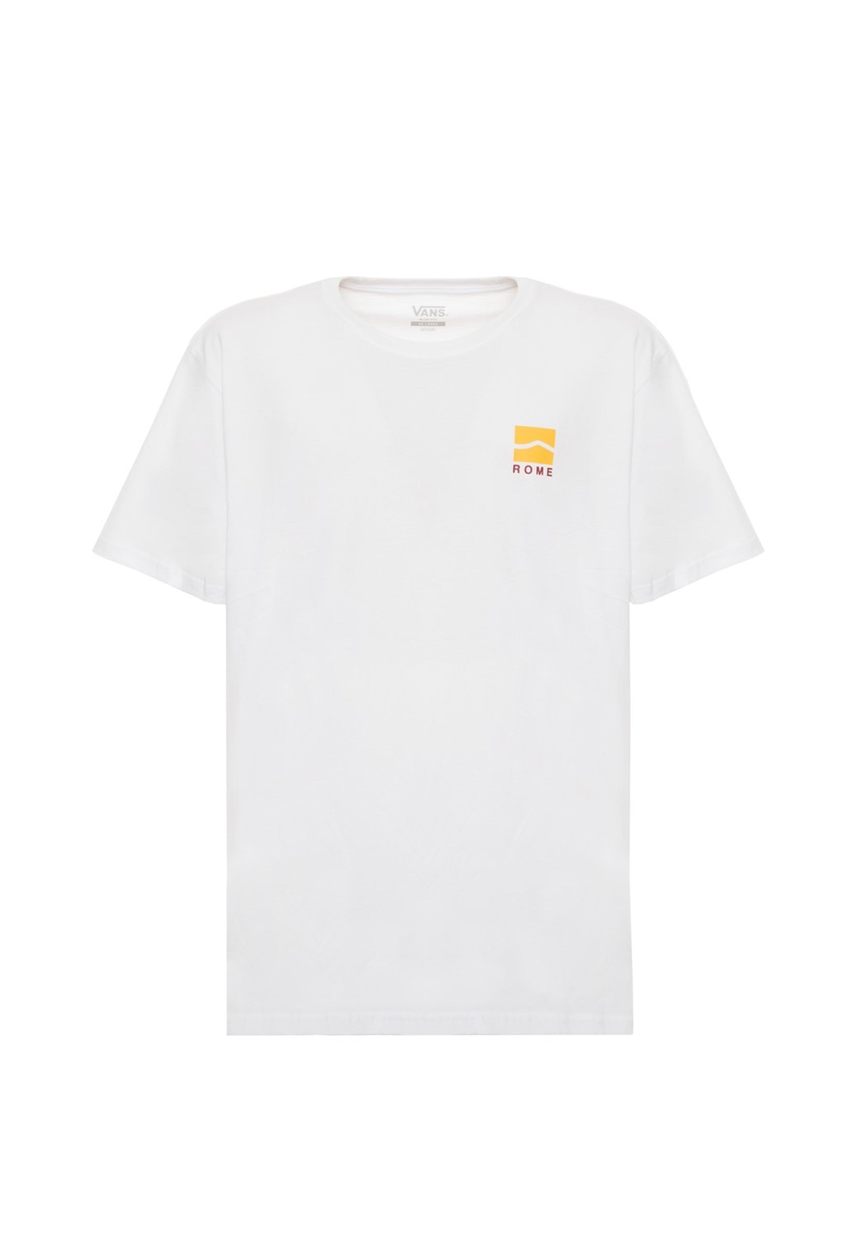 Front flat-lay view of Vans VN0A4CYDWHT1 white T-shirt with small yellow Vans chest logo.