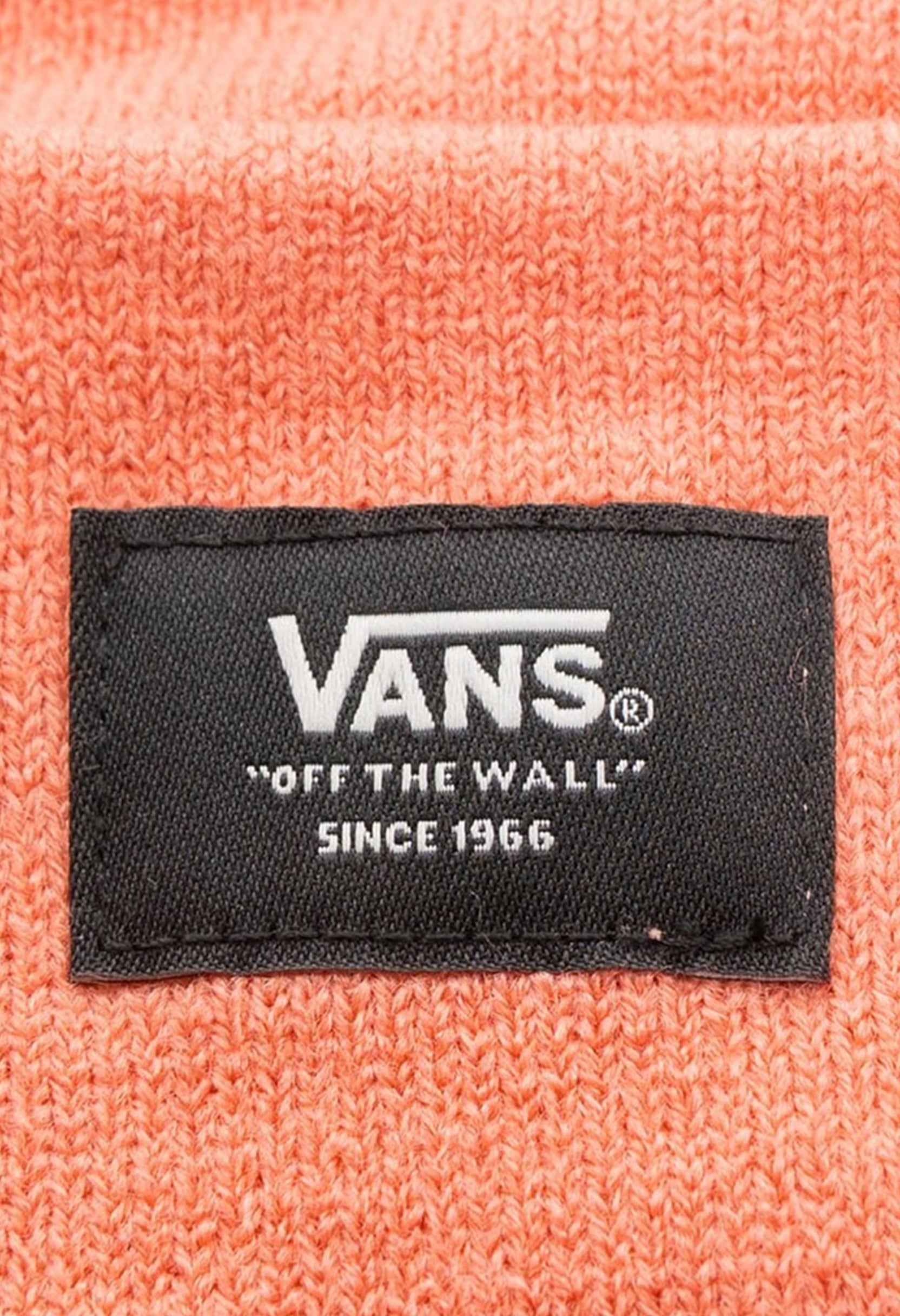 Close-up of Vans VN0A5GPLQID1 orange beanie hat showing woven Vans patch and textured knit.
