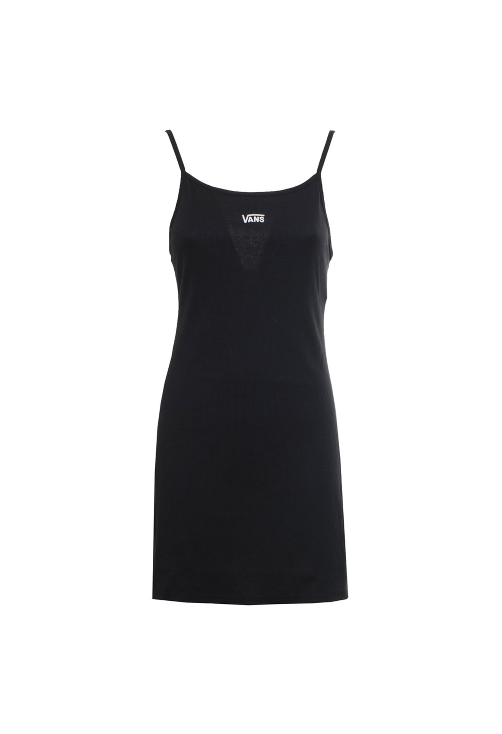 Front flat-lay of Vans VN0A5LMEBLK1 solid black sleeveless mini dress with logo on chest.