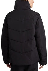 Back view of Vans VN0A7YK5BLK1 black bomber jacket displaying quilted padding and relaxed fit.