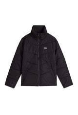 Flat lay of Vans VN0A7YK5BLK1 black bomber jacket with long sleeves, zip-up closure, and visible Vans logo.