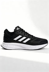 Brand new Adidas Duramo 10 men's running shoes in core black with white stripes side view.