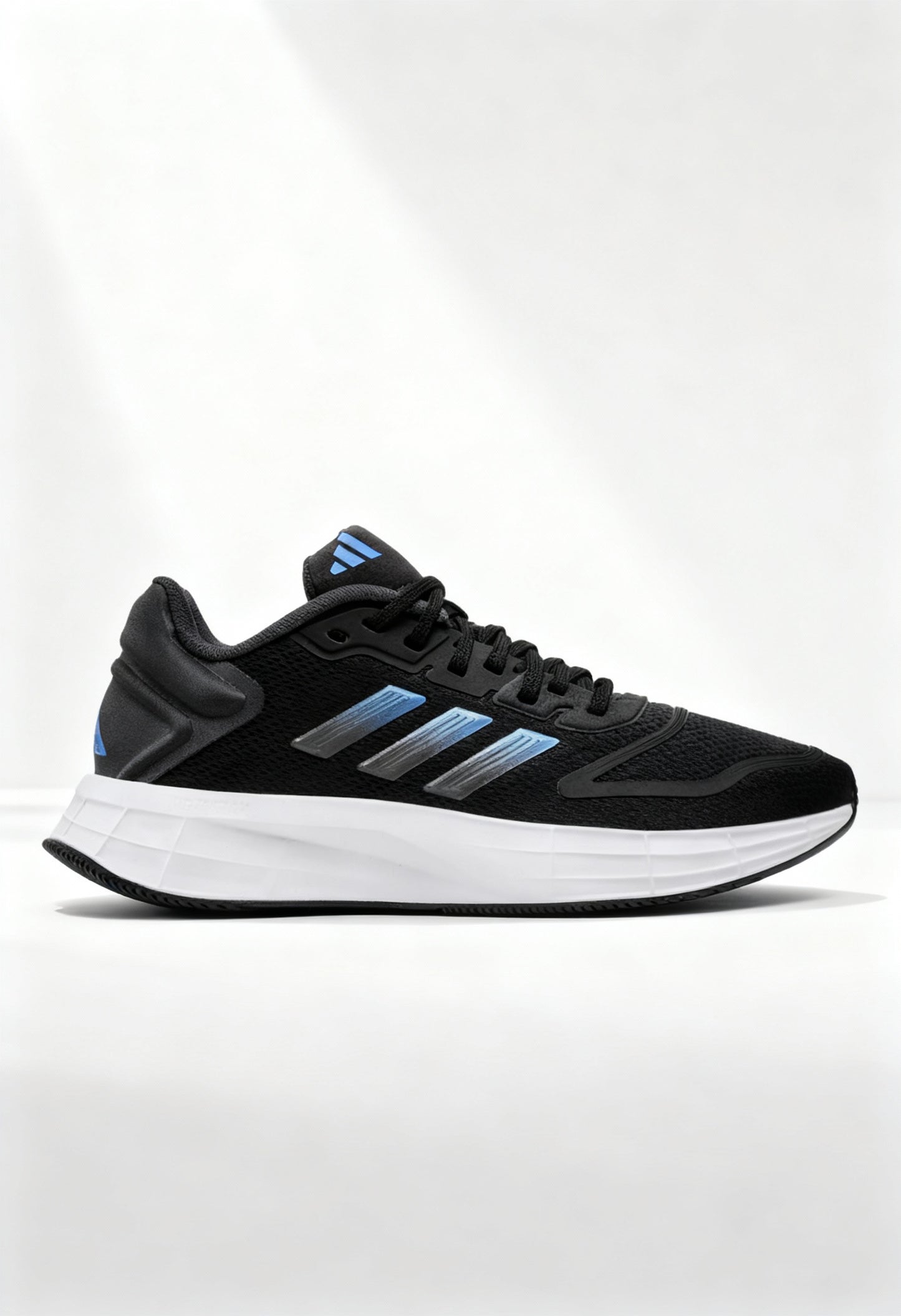 Brand new Adidas Duramo 10 women's running shoes in black with iridescent details side view.