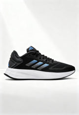 Brand new Adidas Duramo 10 women's running shoes in black with iridescent details side view.