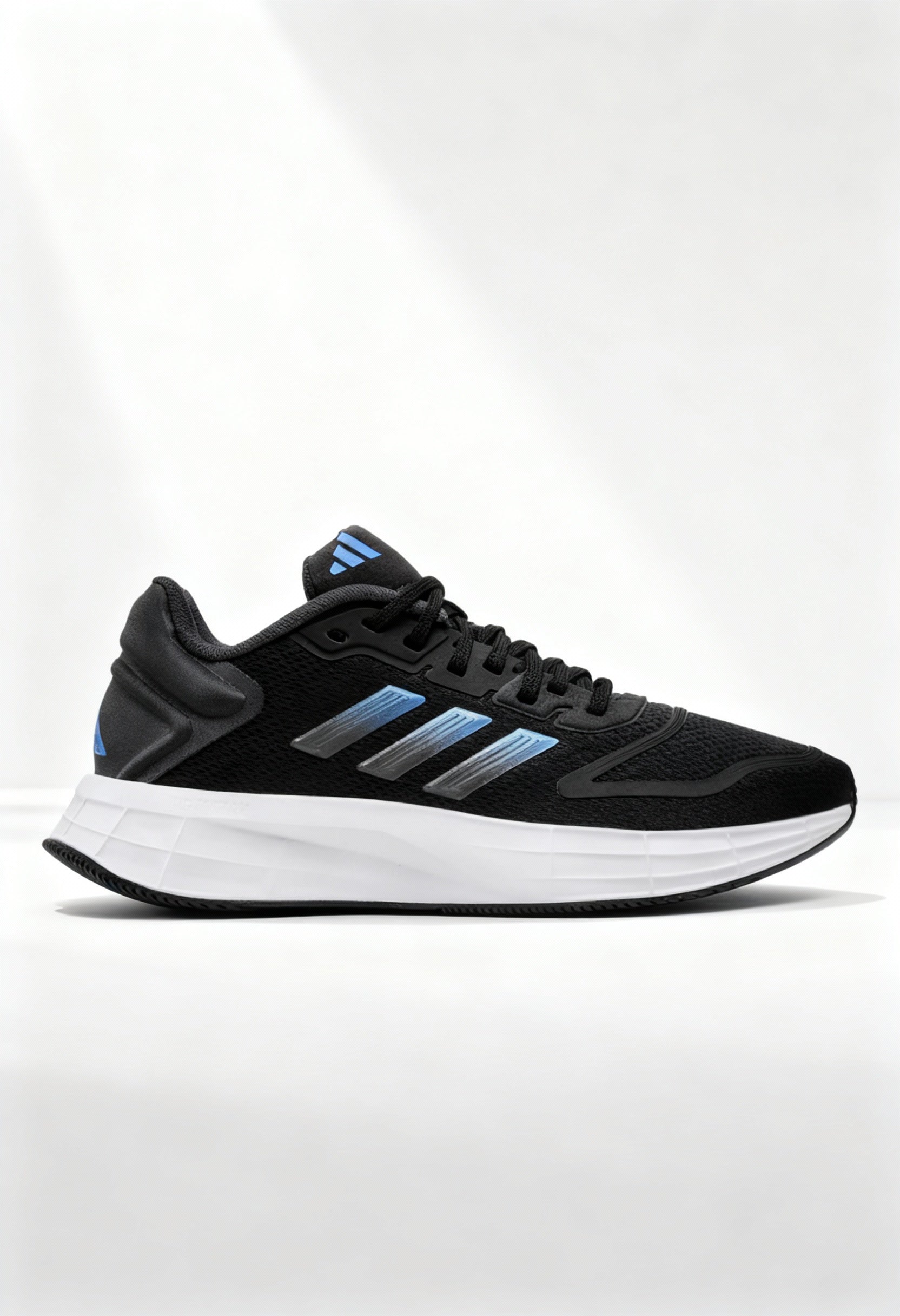 Brand new Adidas Duramo 10 women's running shoes in black with iridescent details side view.