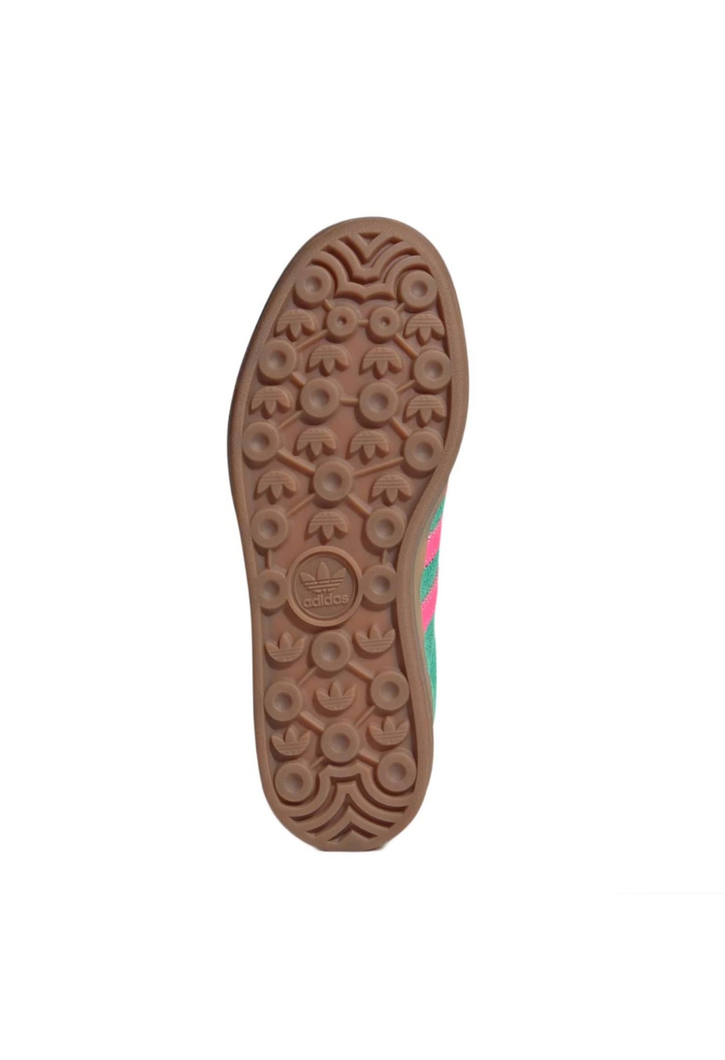 Gum rubber outsole tread pattern of the Adidas Gazelle Bold platform trainers.