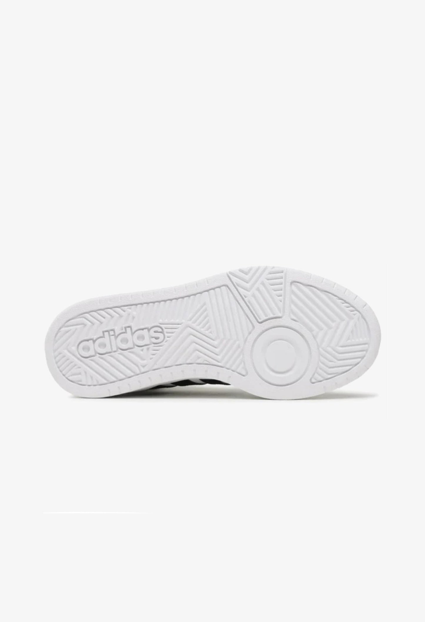 White rubber cupsole and flat tread pattern of the Adidas Hoops 3.0 Mid sneakers for grip.