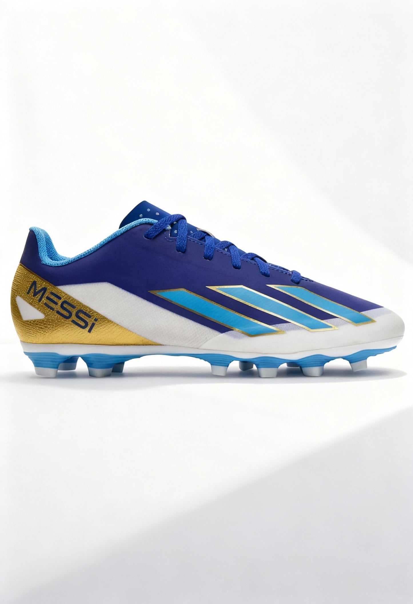 Brand new Adidas X Crazyfast Club Messi FxG soccer cleats in blue, white, and gold side view.
