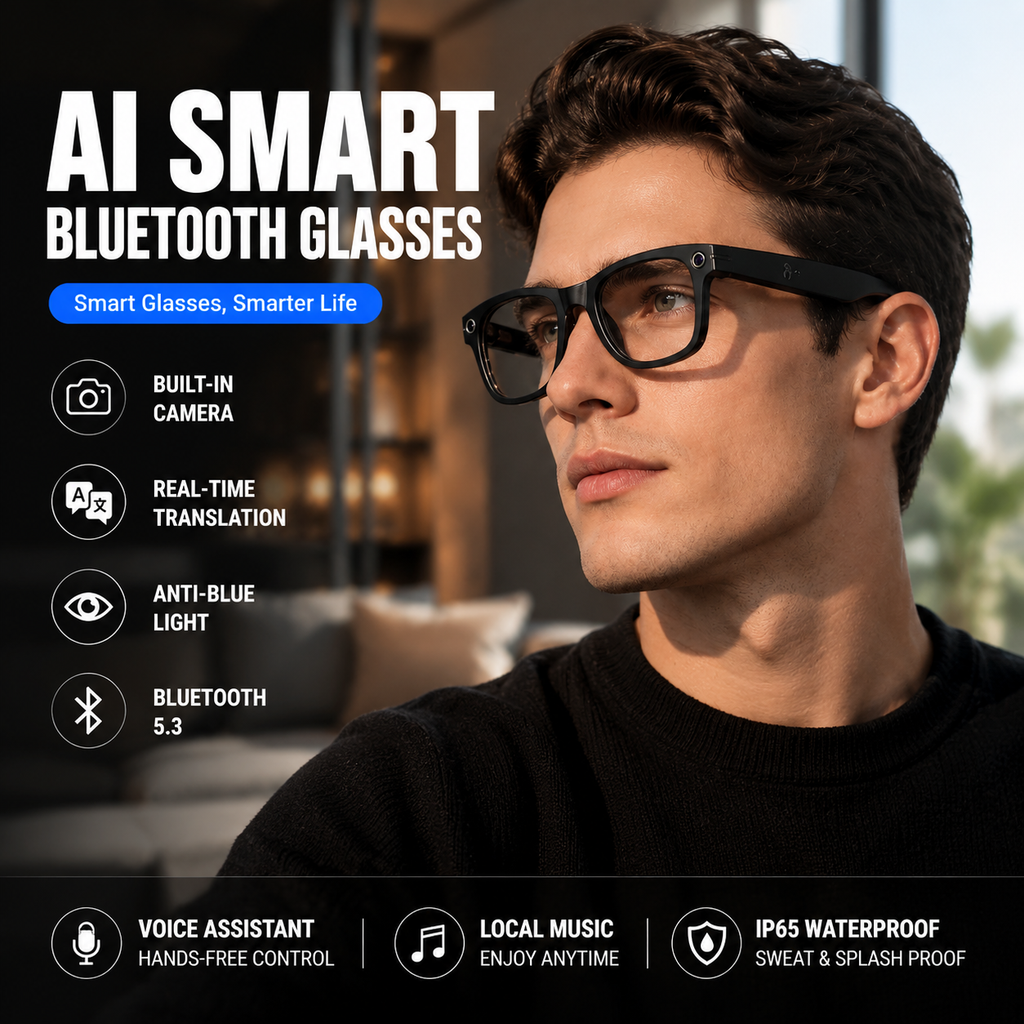 Premium AI smart glasses with Bluetooth 5.3, built-in camera, real-time language translation, anti-blue light lenses, voice control, and IP65 waterproof technology for smart everyday living.