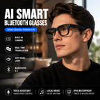 Premium AI smart glasses with Bluetooth 5.3, built-in camera, real-time language translation, anti-blue light lenses, voice control, and IP65 waterproof technology for smart everyday living.