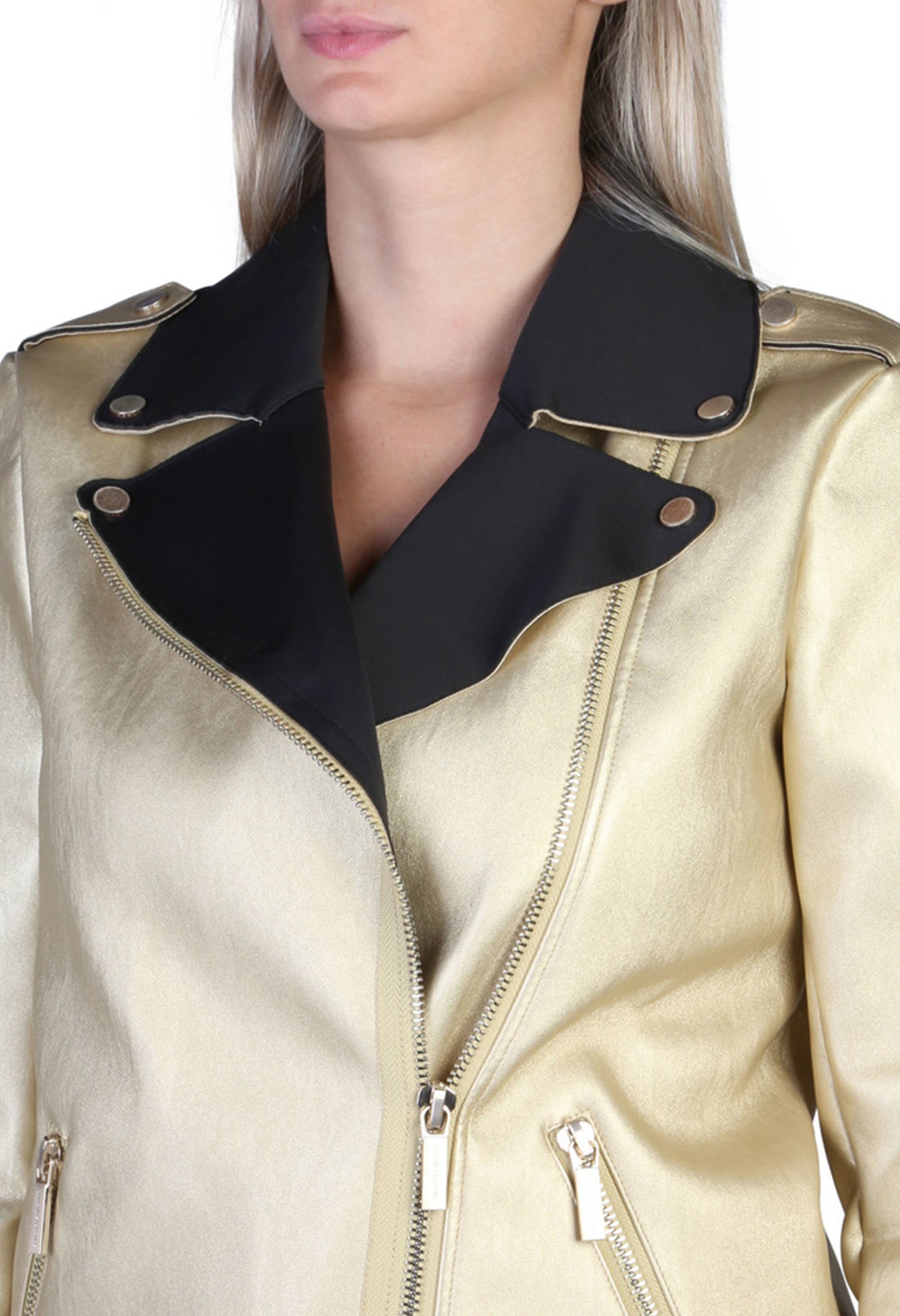 Close-up of the black lapel and zip detailing on the Armani Exchange 6ZYB53_YNFTZ gold jacket.