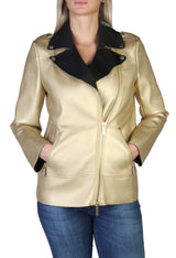 Side view of the gold Armani Exchange 6ZYB53_YNFTZ bomber jacket showing structured fit.