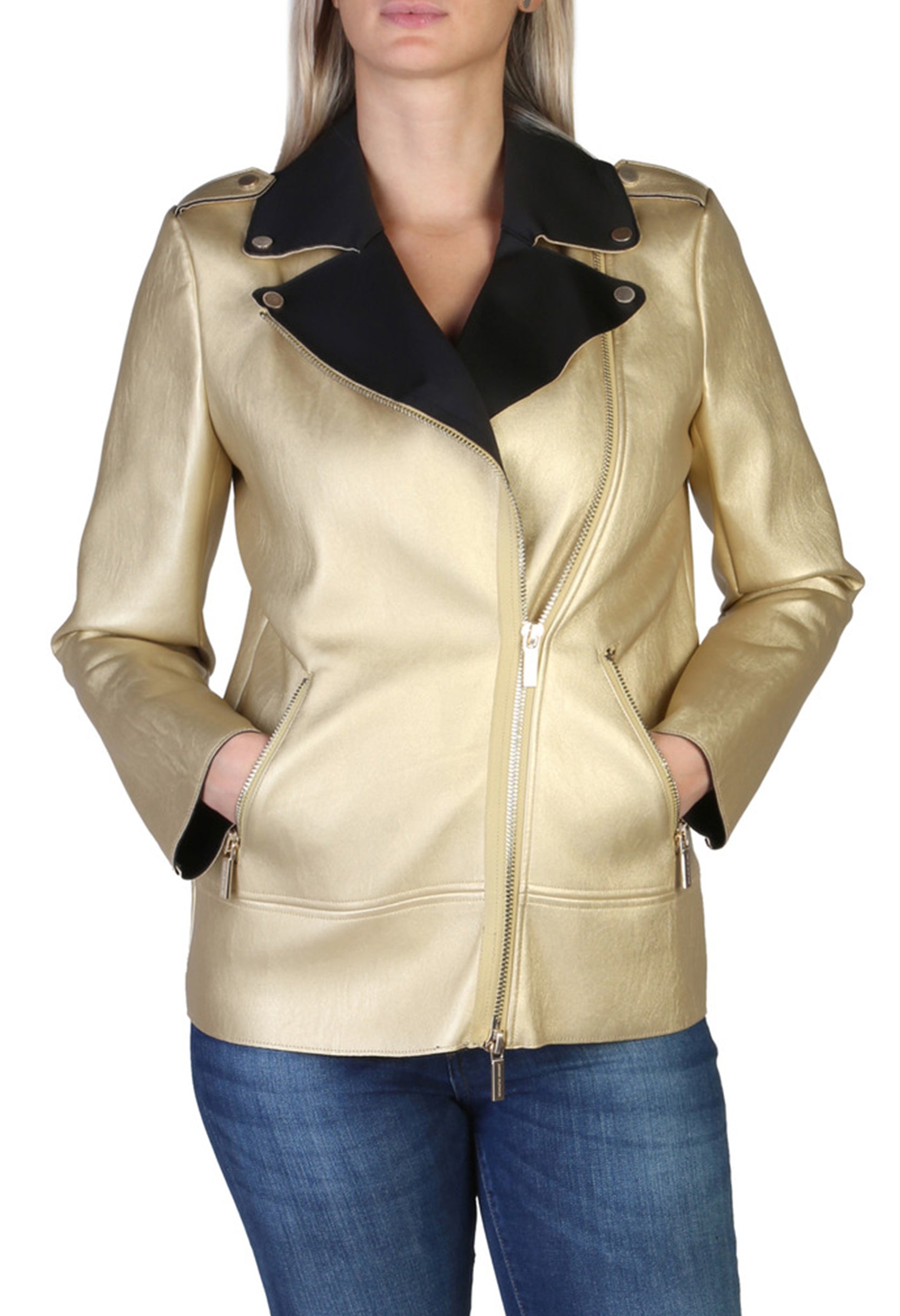 Side view of the gold Armani Exchange 6ZYB53_YNFTZ bomber jacket showing structured fit.