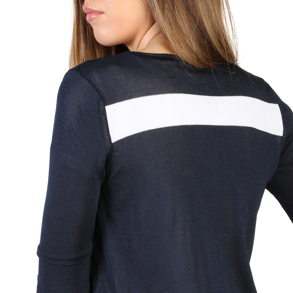 “Detail view of Armani Jeans Women’s Navy Sweater 3Y5E2C_5M1XZ – authentic designer garment featuring white stripe and premium viscose-blend material.”