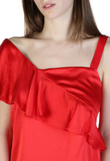 Close-up view of the red Armani Exchange silk top highlighting the soft ruffle and smooth texture.
