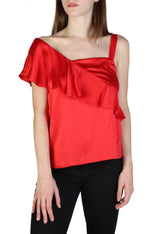 Front view of the red Armani Exchange one-shoulder silk top with draped ruffle detail worn by a model.