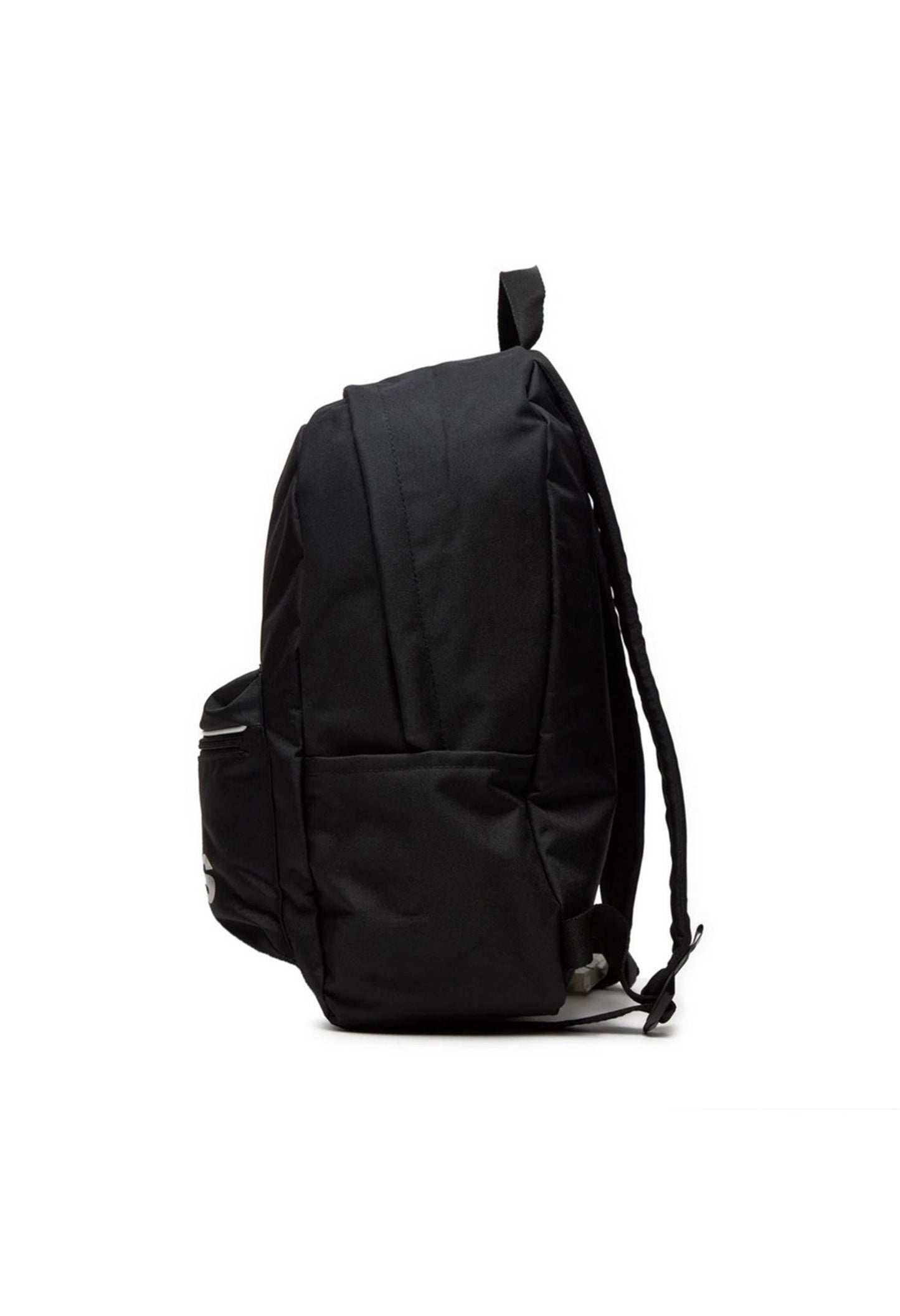 Side profile of an authentic Adidas Essentials backpack showing water bottle pocket.