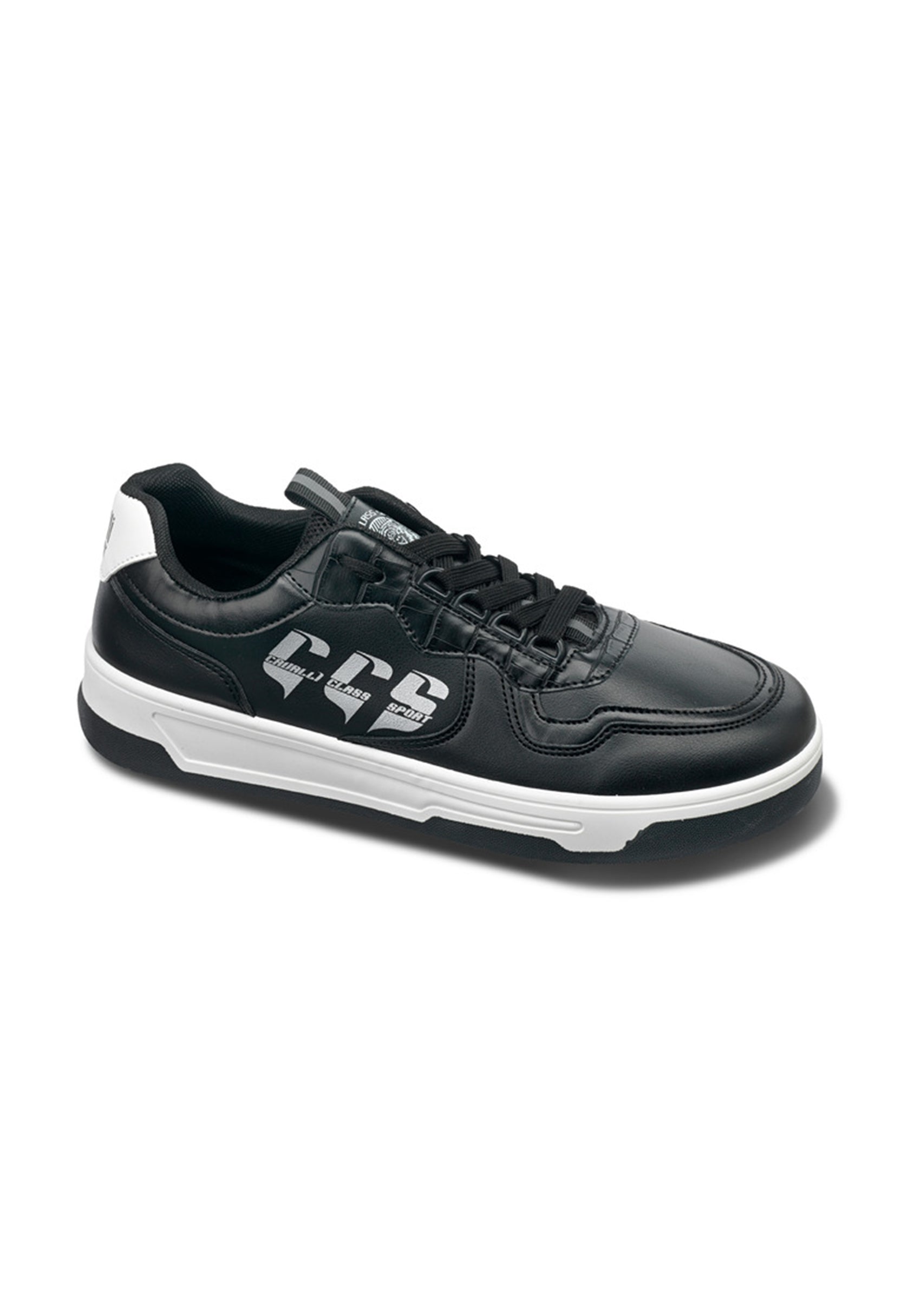 Authentic designer men's sneaker in black and white, side profile showing synthetic leather panels.