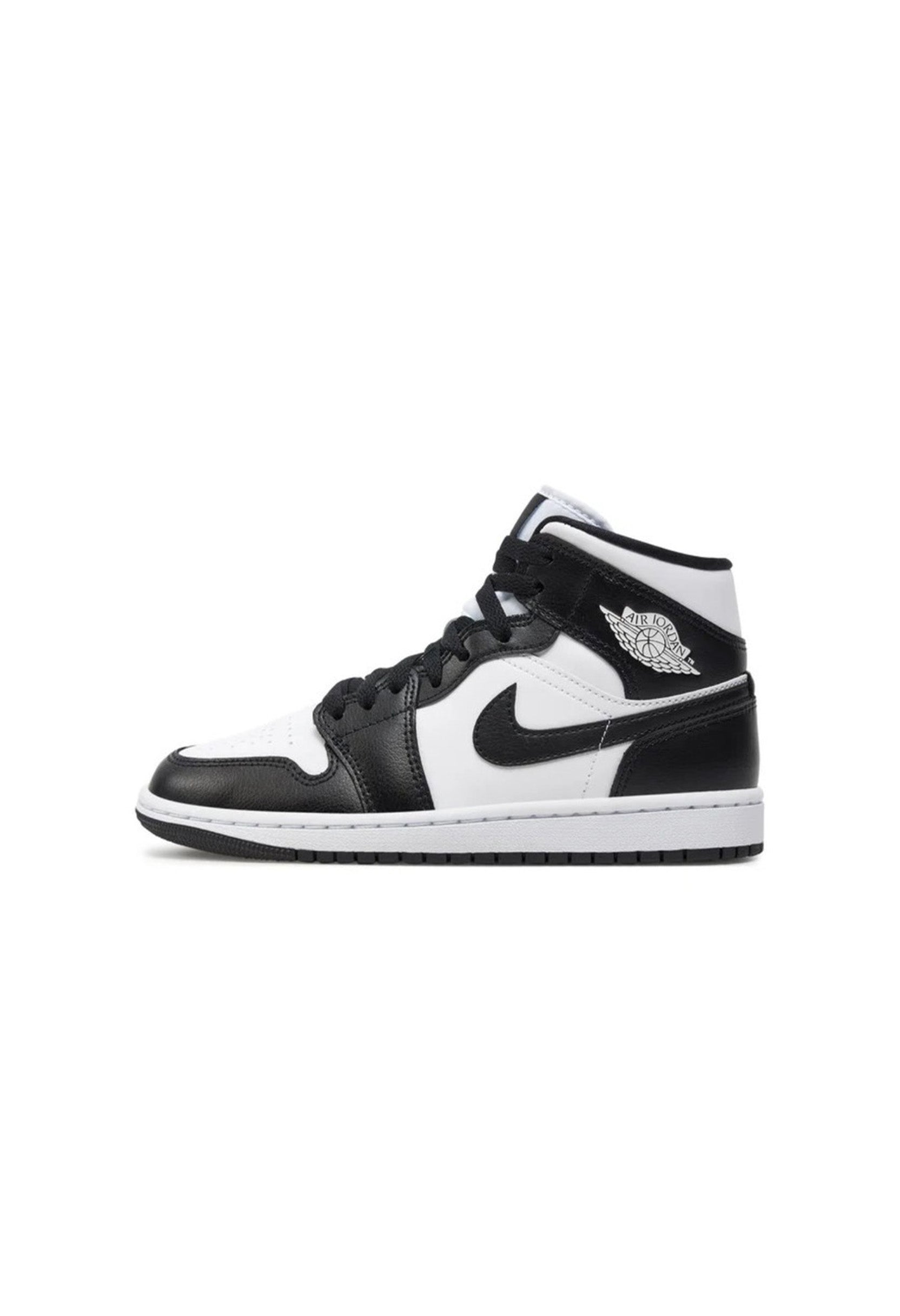 Side profile of authentic black and white Nike Air Jordan 1 Mid shoes highlighting the iconic silhouette.