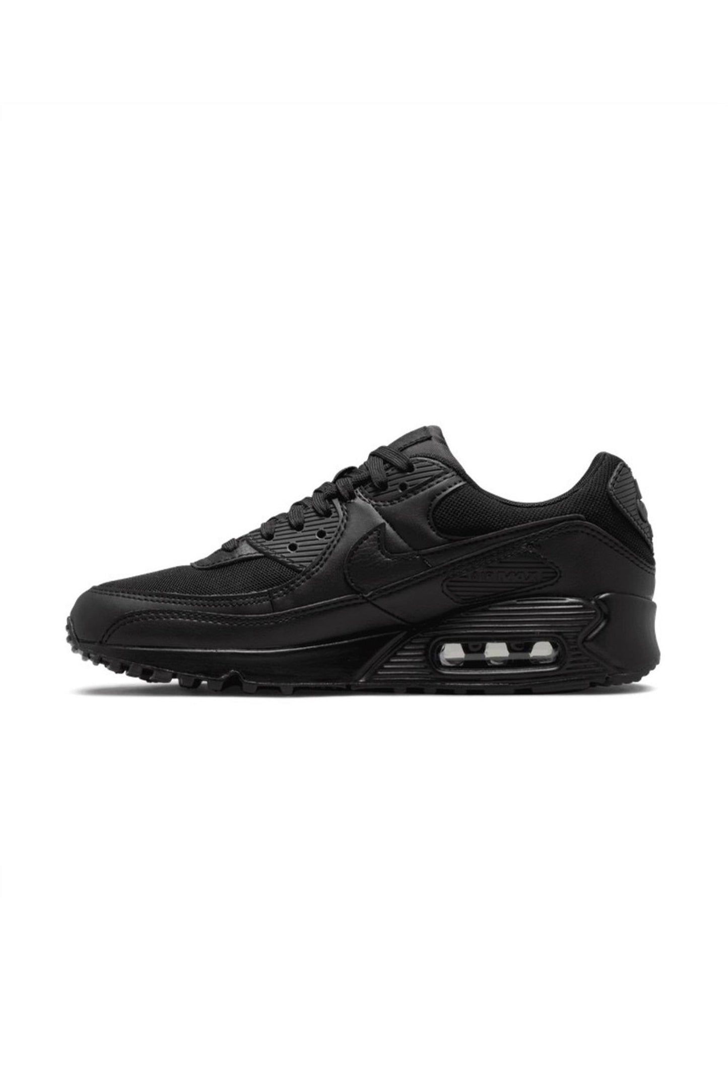 Side profile of authentic black Nike Air Max 90 shoes highlighting the layered upper.
