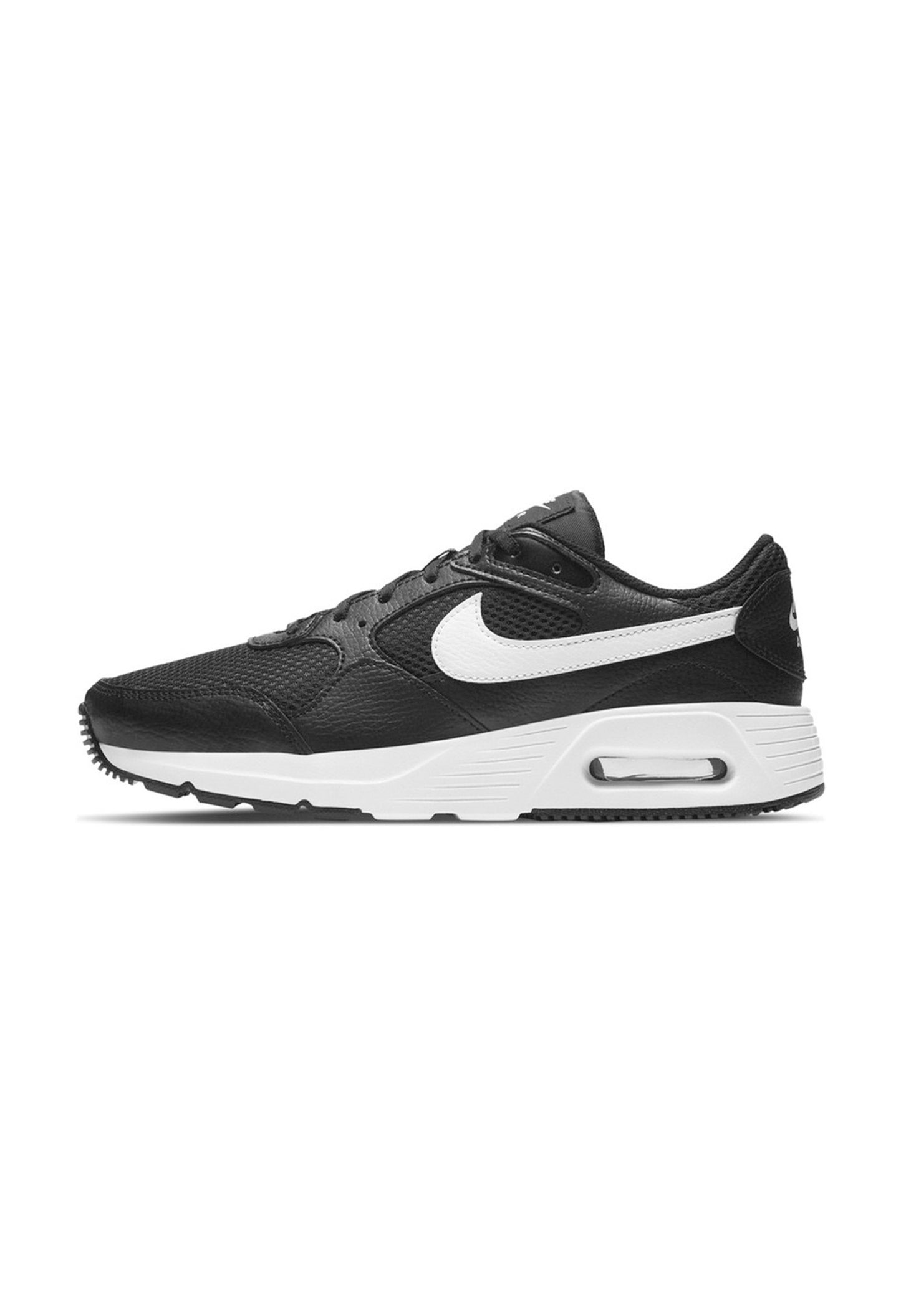 Side profile of authentic black Nike Air Max SC shoes highlighting the mesh upper.