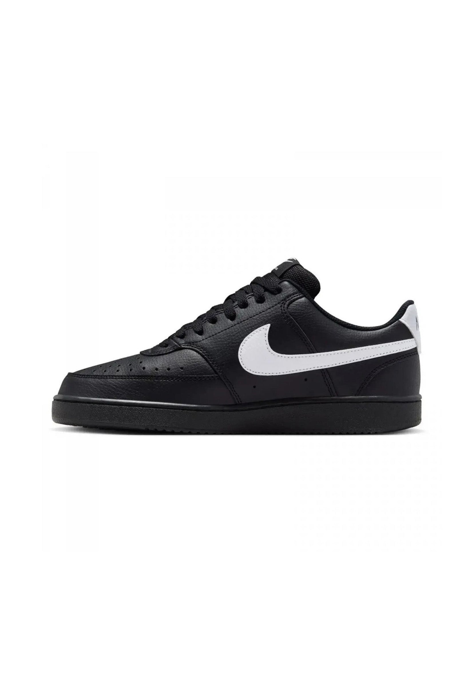Side profile of authentic black Nike Court Vision Low shoes highlighting the white Swoosh.