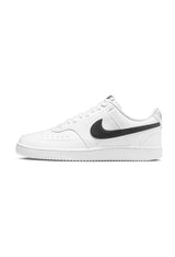 Side profile of authentic white Nike Court Vision Low shoes highlighting the retro silhouette.