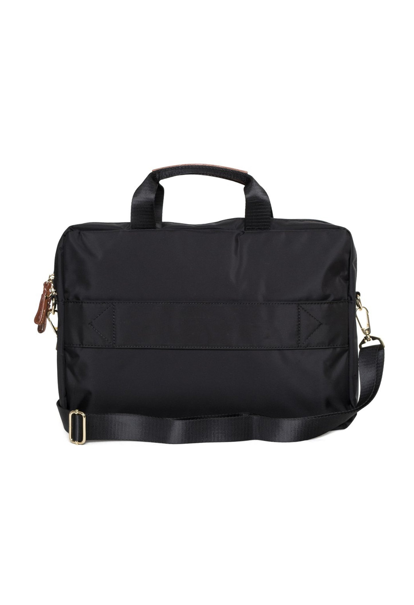 Bric's briefcase back view showing the key trolley fitting strap detail.