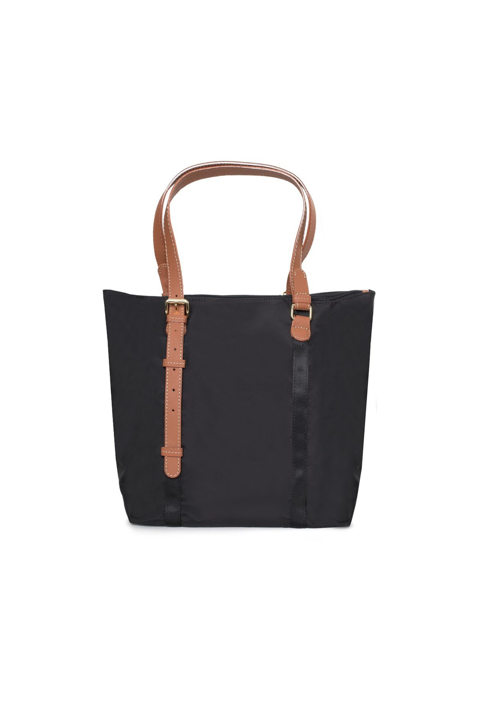 Back view of the Bric’s BXG05070-1906604 black shopping bag featuring long brown leather straps.