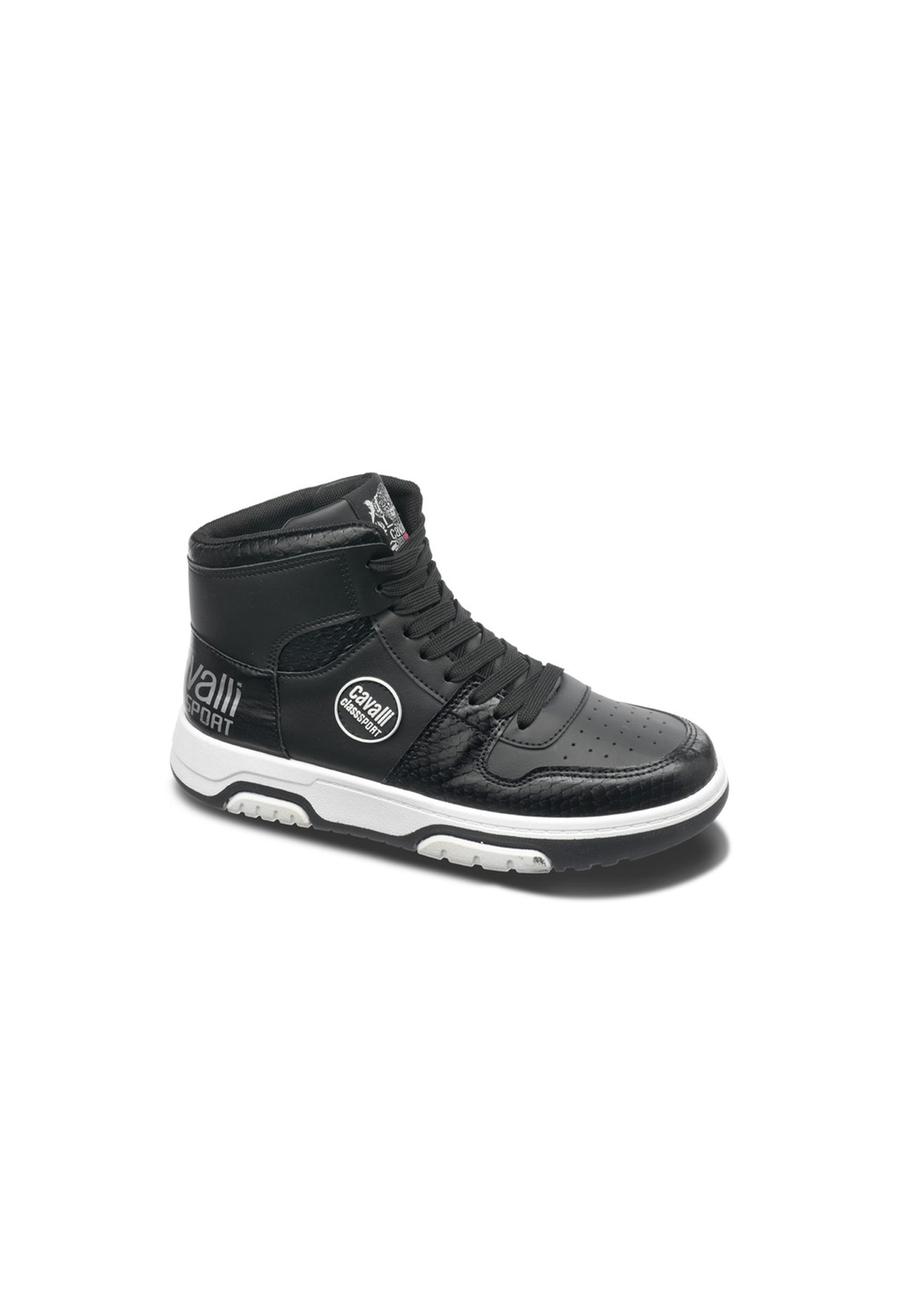 Side angle of the black Cavalli Class CW8759 high-top sneakers with round toe and rubber sole.
