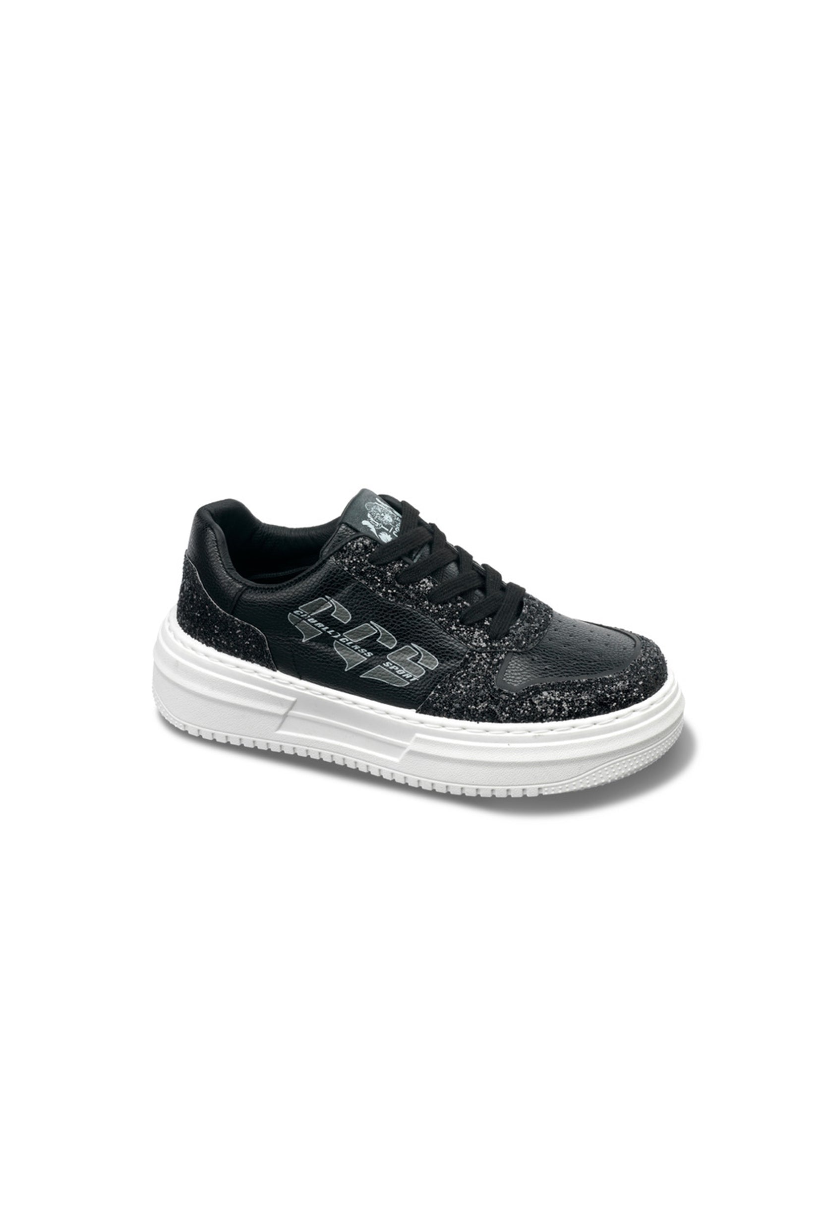Side angle of the black Cavalli Class CW8753 sneakers featuring a glitter upper and elevated rubber sole.
