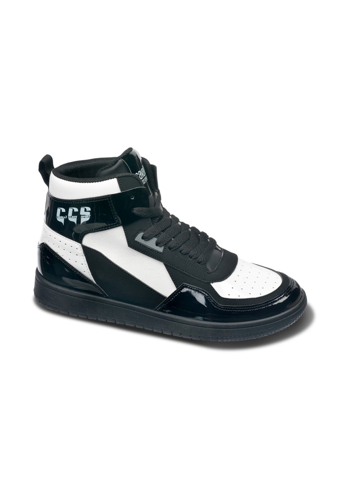 Cavalli Class contrast sneaker side profile, showing logo graphic and synthetic leather panels.