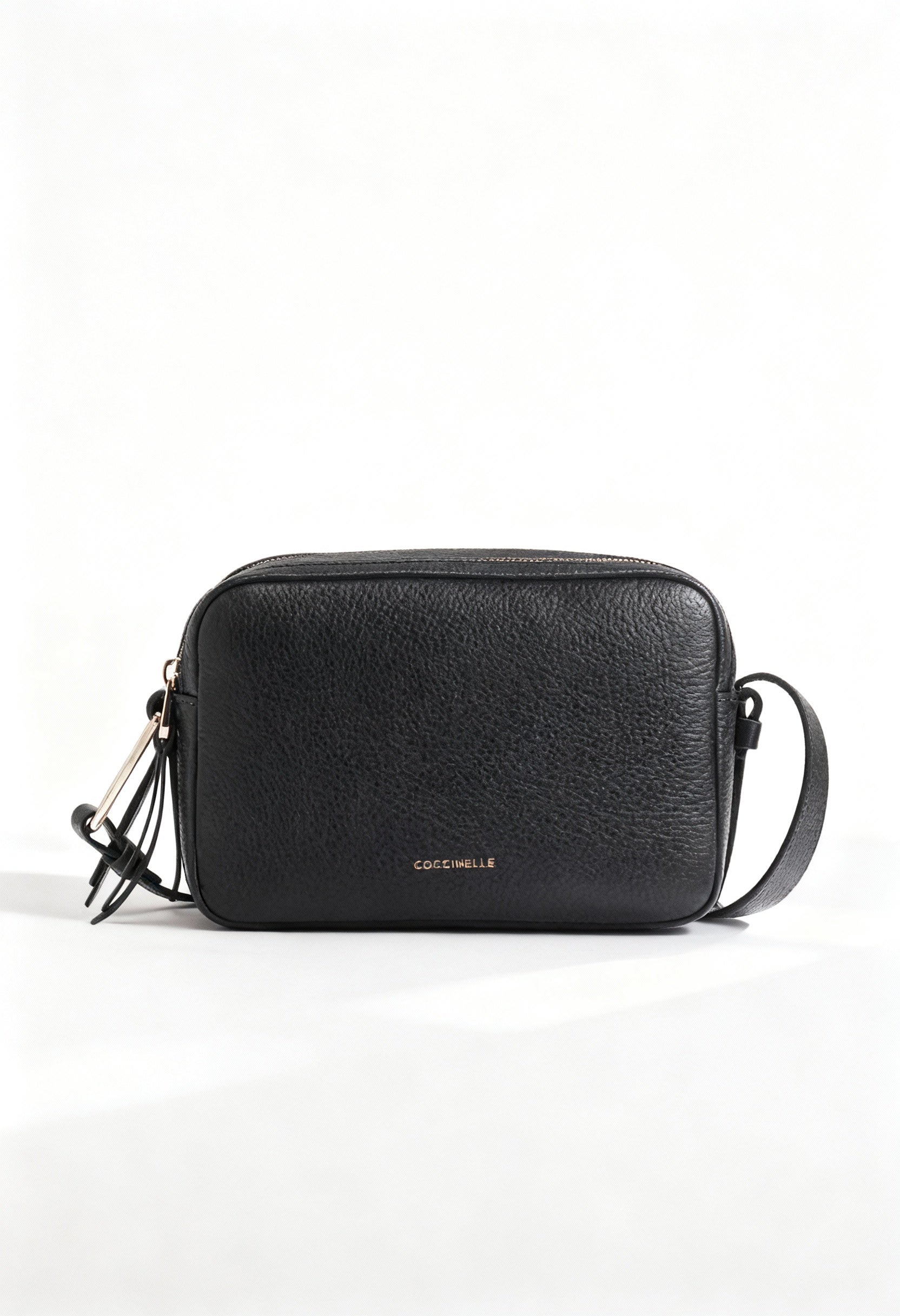 Brand new Coccinelle Malory small black leather crossbody bag with gold logo.