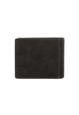 Compact men's wallet in black, front view showing leather blend texture.