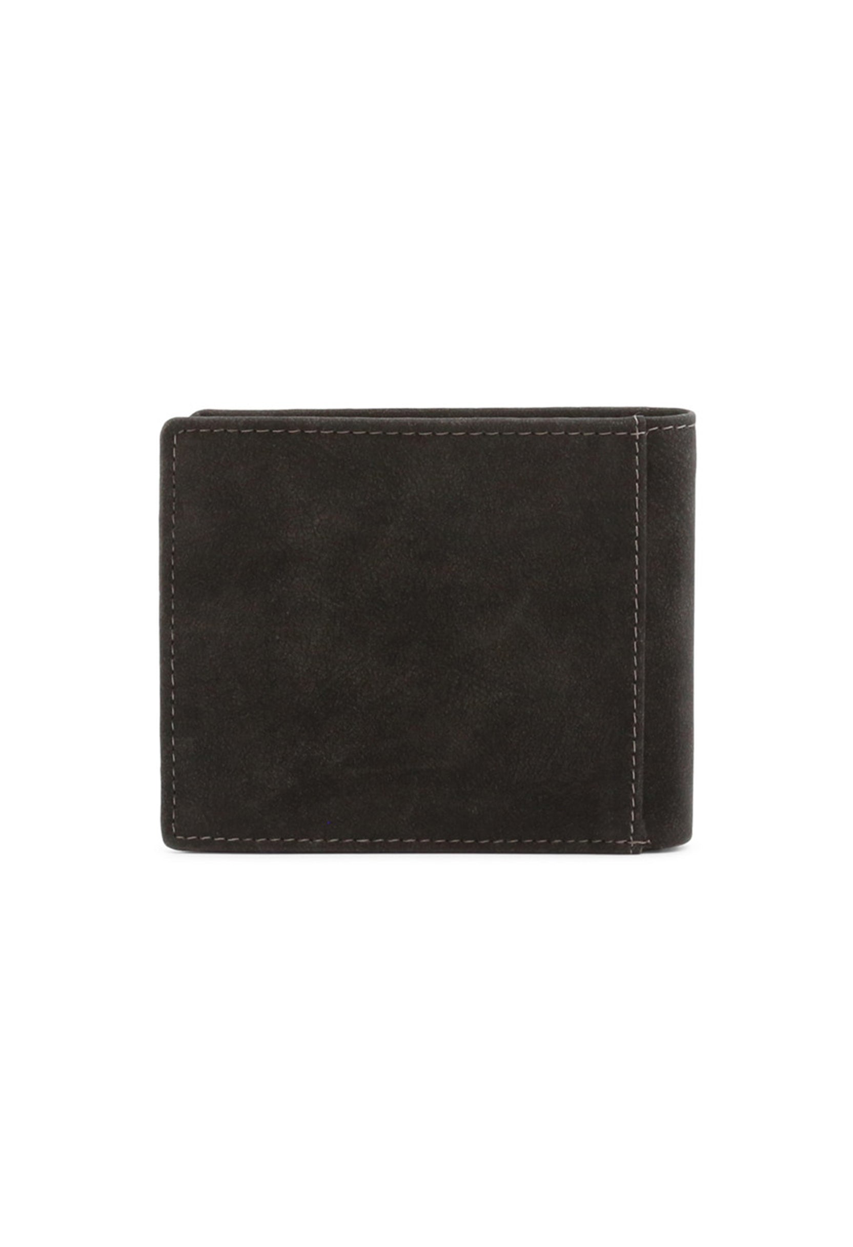 Compact men's wallet in black, front view showing leather blend texture.