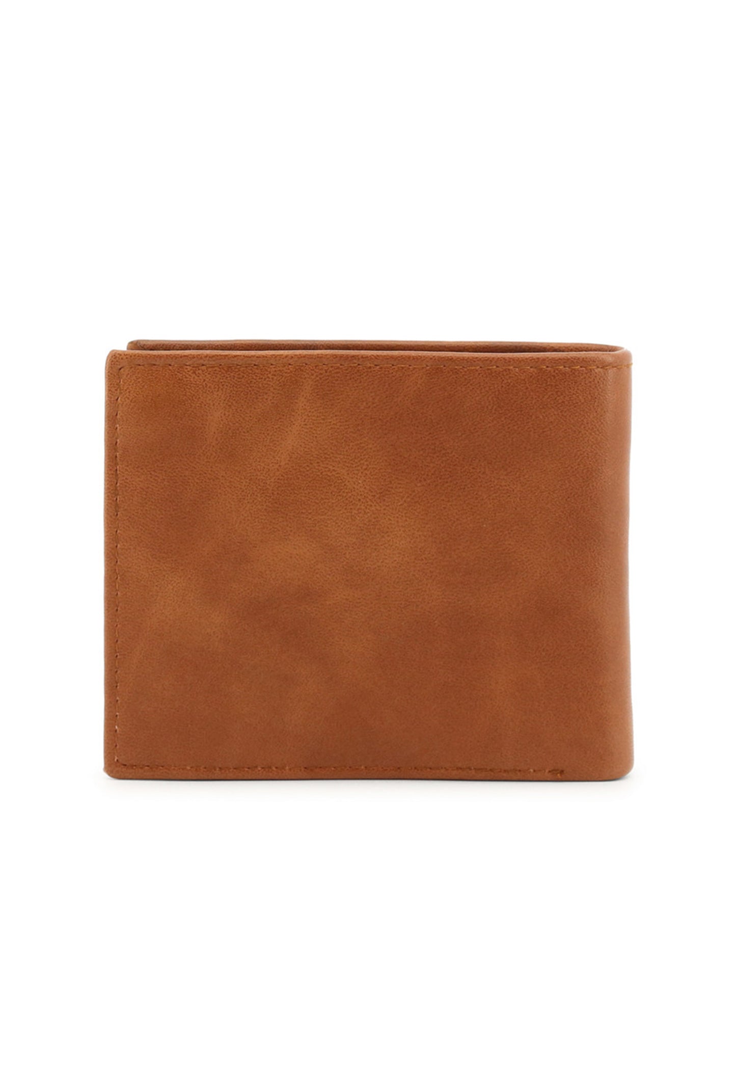 Compact men's wallet showing closed front view, polyurethane-leather blend material.