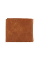 Compact men's wallet showing closed front view, polyurethane-leather blend material.