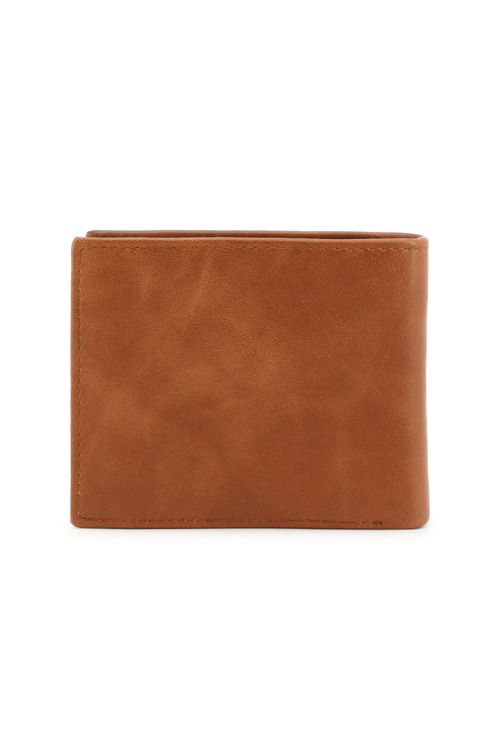 Compact men's wallet showing closed front view, polyurethane-leather blend material.