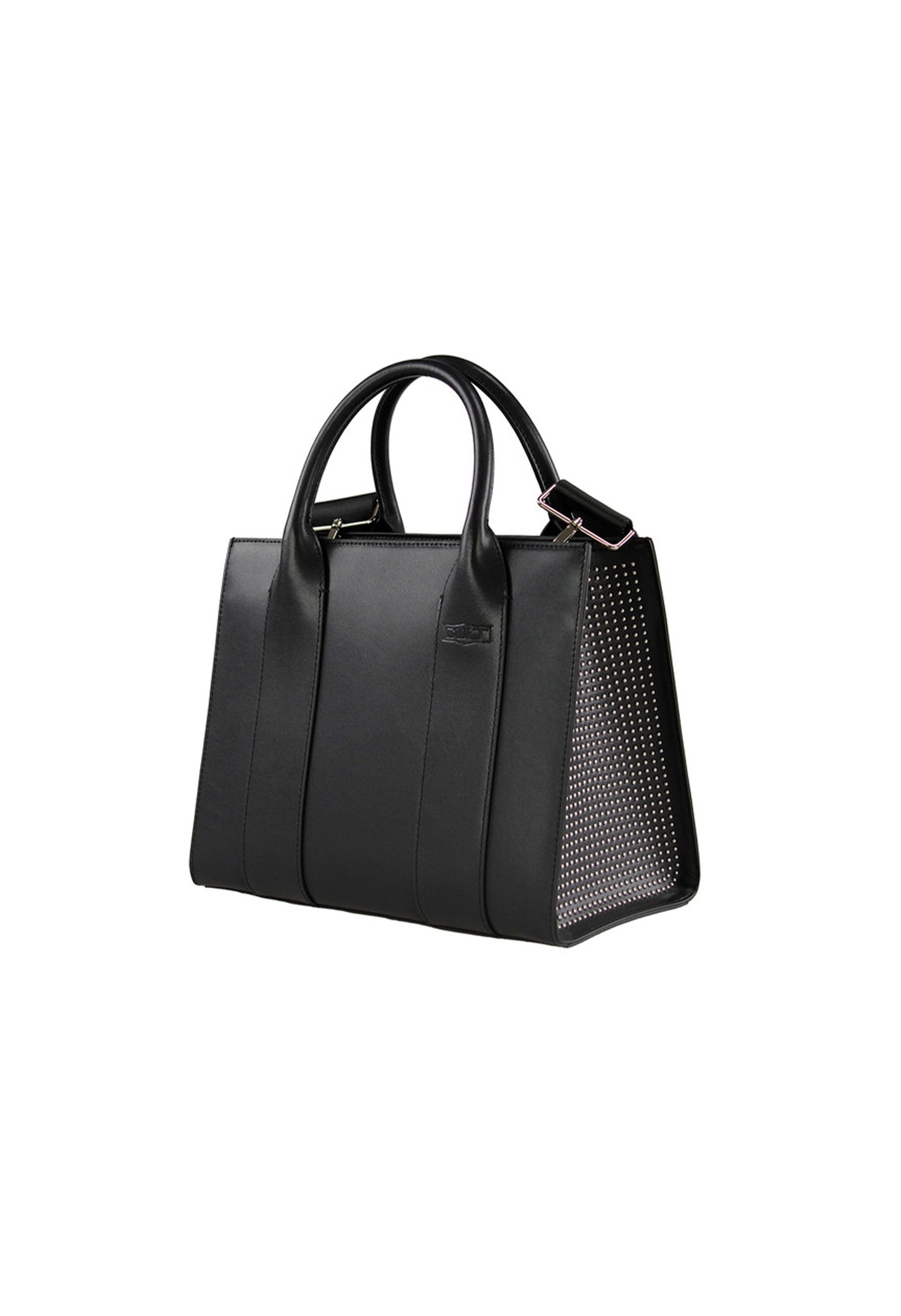 Side view of the black Cult handbag showing the textured side panel and tall structured silhouette.