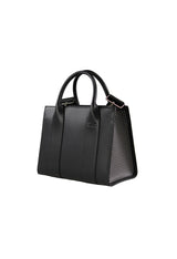 Side view of the black Cult handbag showing the textured side panel and tall structured silhouette.