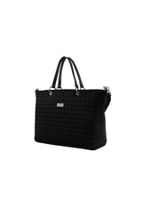 Side view of the black Cult shopping bag showing its quilted texture and spacious silhouette.